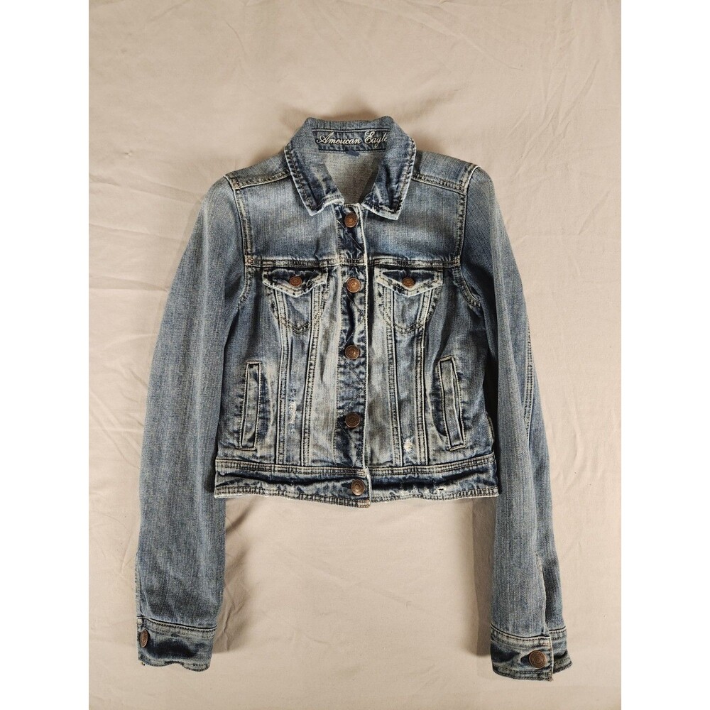 American Eagle Denim/Jean Jacket Women's Small Blue Distressed